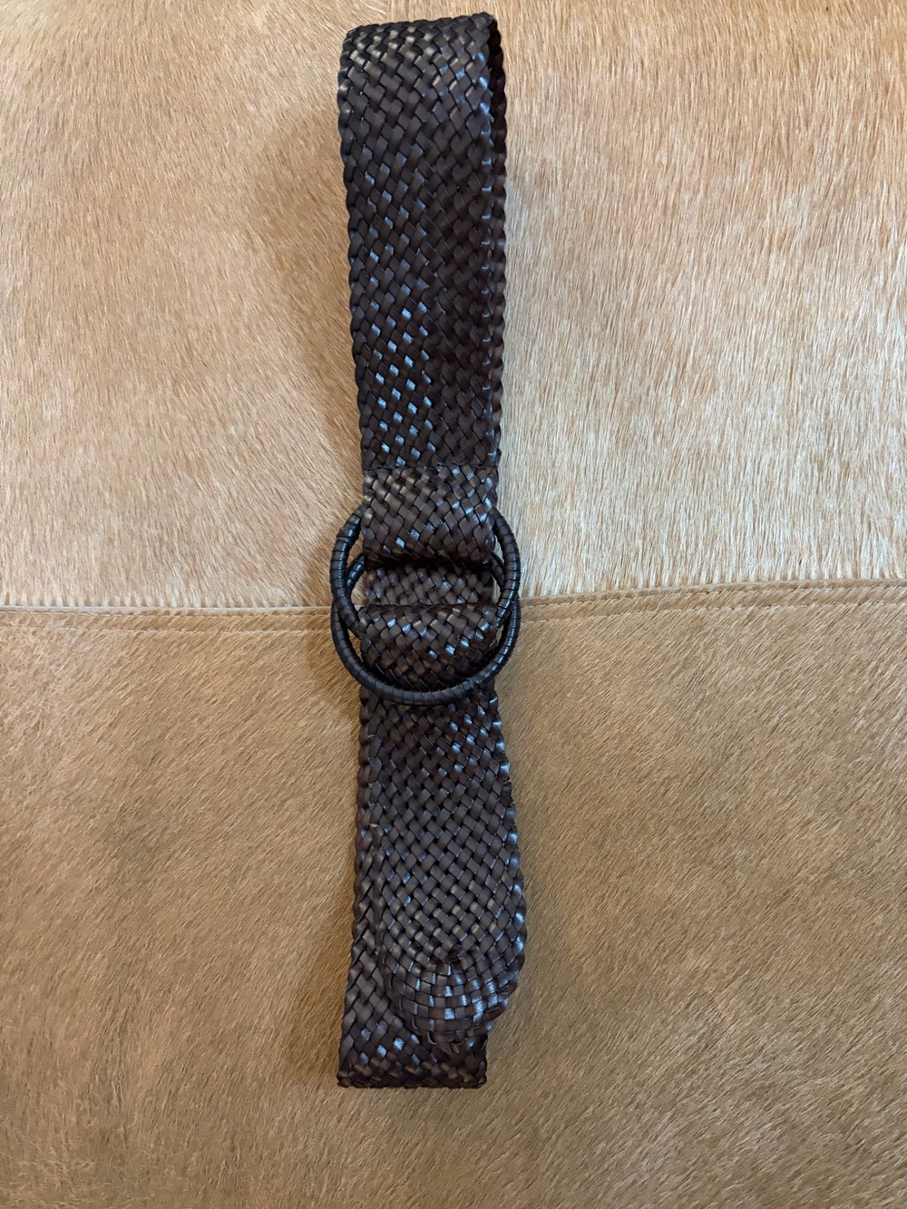 Woven Faux Leather Double-Ring Belt - Brown